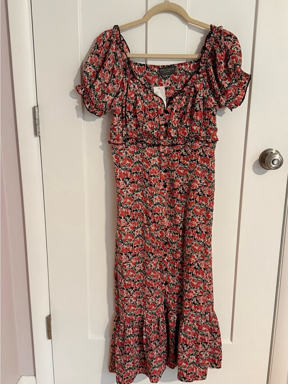 Urban Outfitters Pink Rose Floral Puff-Sleeve Midi Dress
